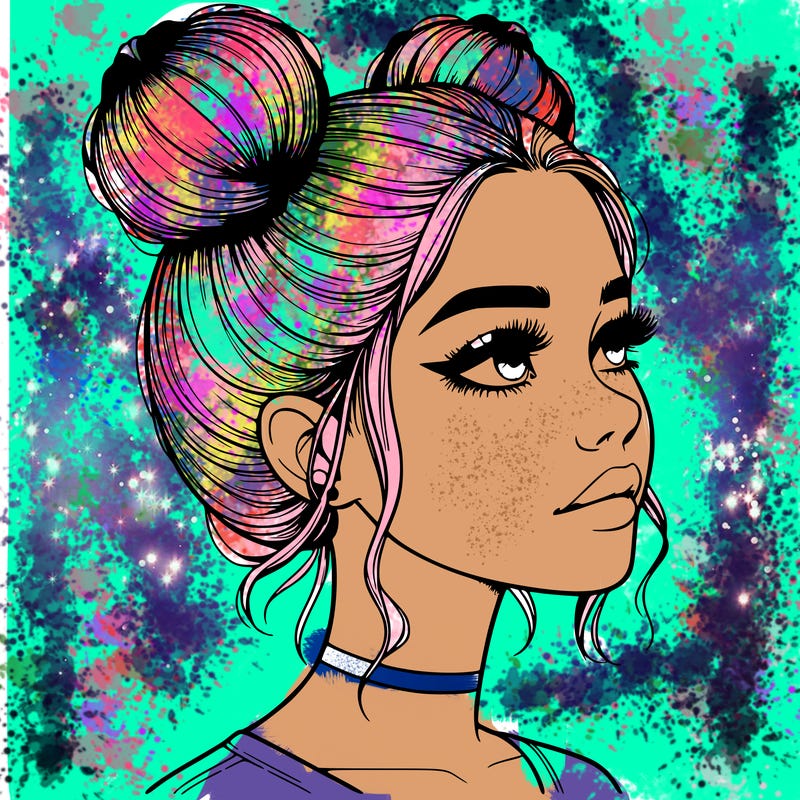 realistic girl with buns on the top of her head