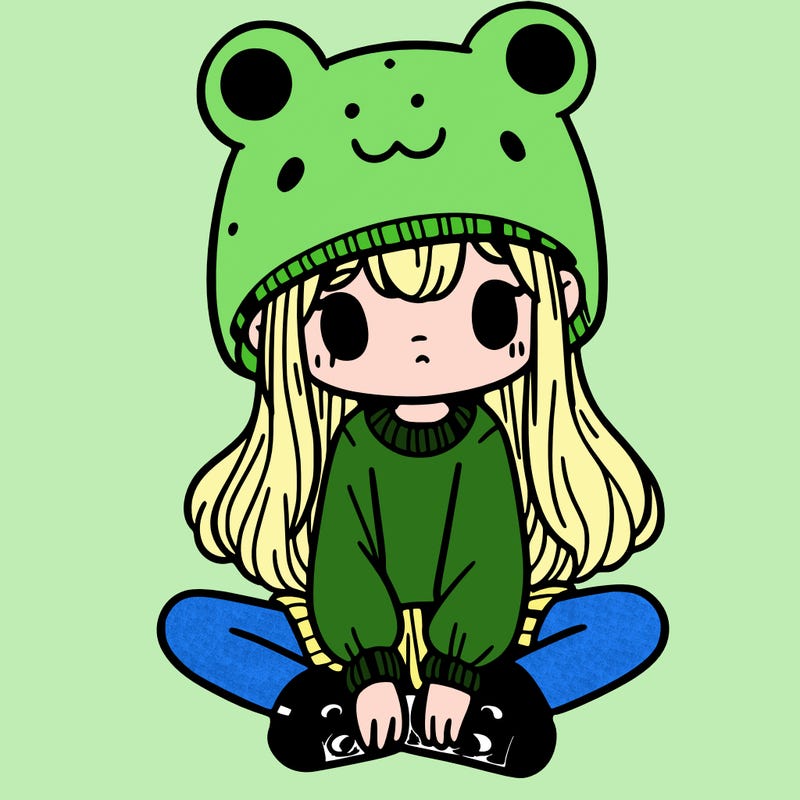 a girl wearing a frog hat and some frog socks