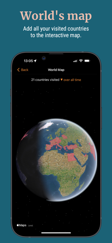 Country Days Tracker - Carte du monde 3D interactive montrant l'historique des voyages et les pays visités dans l'application Country Days Tracker