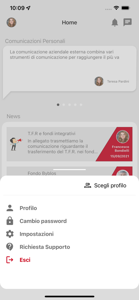 HR INAZ - HR INAZ mobile app home screen with a settings and profile menu overlay