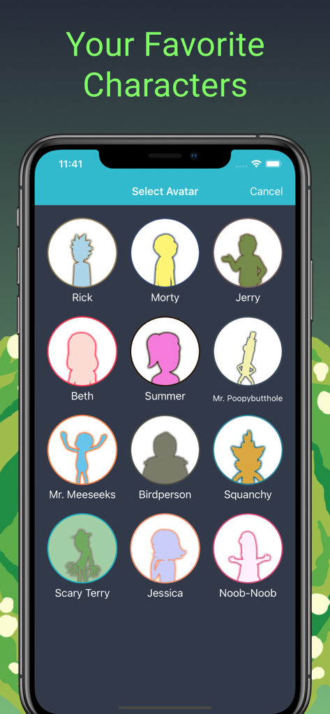 A selection screen in the Rick and Morty fan quiz app featuring character avatars like Rick Morty and Mr Meeseeks