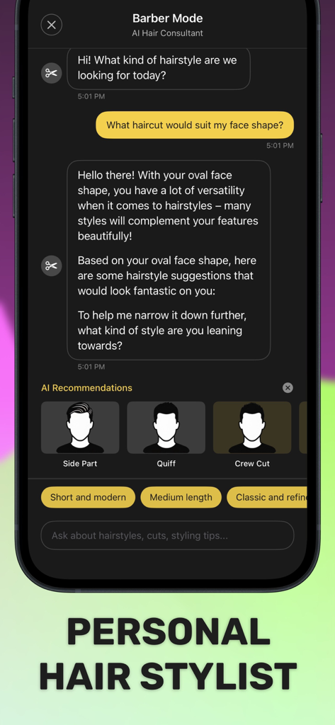 Screenshot of the Naee app Barber Mode showing an AI hair consultant chat giving personalized haircut recommendations for an oval face shape