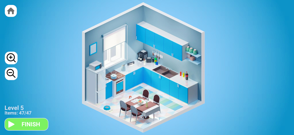 Interior Designer - Decor Life - インテリアデザイナー デコライフのモダンなアイソメトリックキッチンデザイン、青いキャビネットとダイニングセット付き