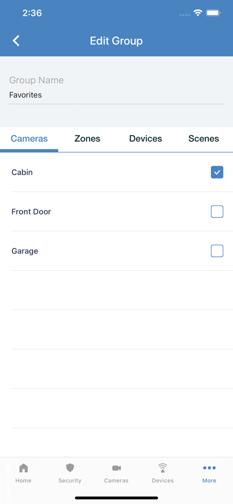 Interface of the Alula Security app showing the Edit Group screen where a user can select cameras for their favorites list