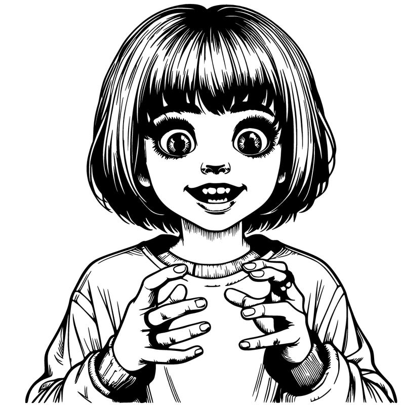 realistic girl with wide eyes and scary smile looking down at their hands
