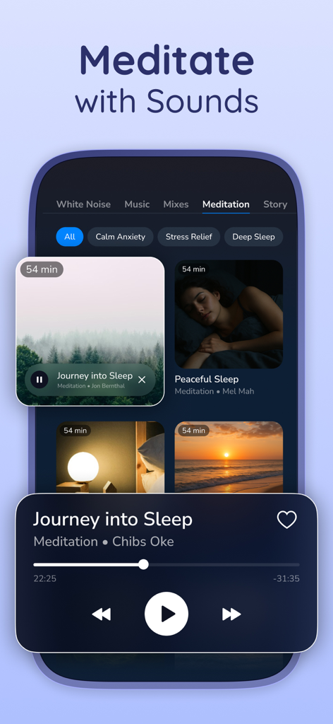 Interfaz de meditación de la aplicación Remly que presenta pistas de sueño guiadas y un reproductor multimedia