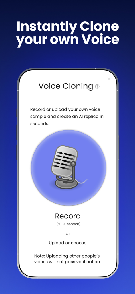 NaturalReader - Text To Speech - Interfaccia dell'app NaturalReader che mostra la funzione di clonazione vocale AI per registrare o caricare la propria voce