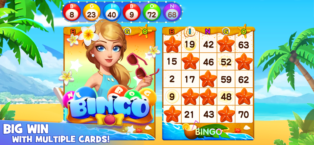Bingo Lucky: Happy Bingo Games - Bingo Lucky mobile game gameplay showing multiple cards on a tropical beach background with a female character.