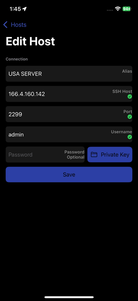 SocksSSH - The Edit Host screen of the SocksSSH app showing configuration fields for SSH connection details.