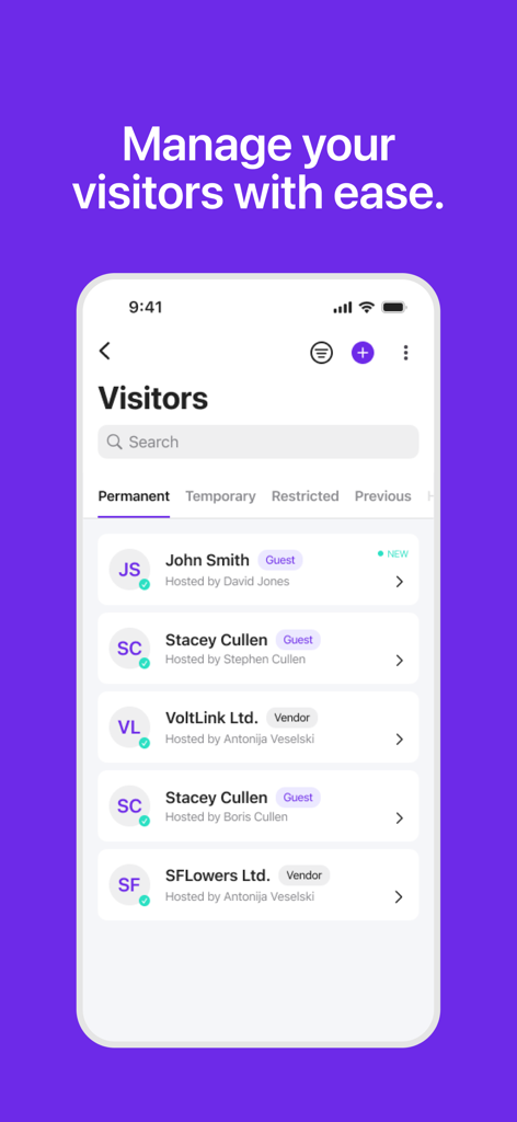 Proptia 2.1 - Proptia app interface showing a list of permanent visitors and vendors for resident access control.
