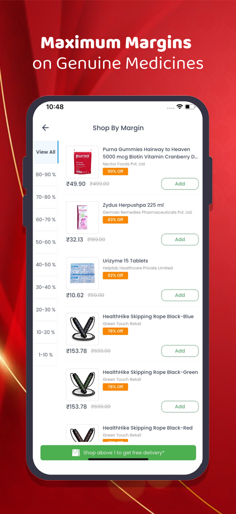 RetailerShakti mobile app interface showing a list of wholesale medicines with high profit margins and discounts.
