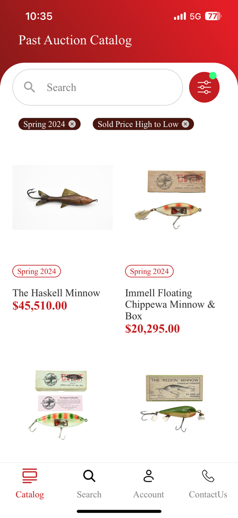 TackleFind app screen showing antique fishing lure auction results with prices realized for the Haskell Minnow and Chippewa Minnow