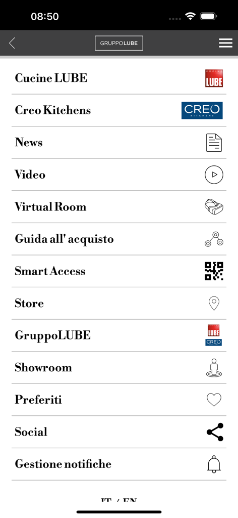 Gruppo LUBE - Main menu of the Gruppo LUBE mobile app showing kitchen brands and design features