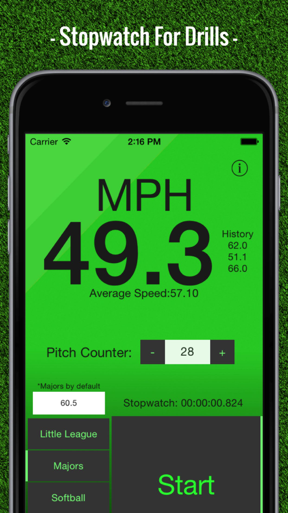 Baseball Pitch Speed - Radar Gun - 野球の投球速度レーダーガンアプリのインターフェース、49.3 MPHと投球数表示