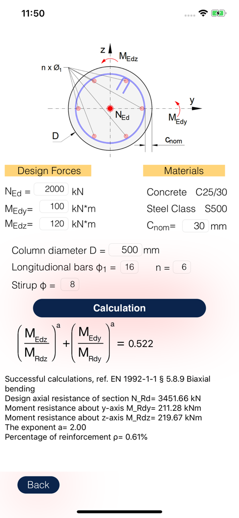 Cálculo estructural de flexión biaxial para una columna circular de hormigón en la aplicación RCSection.