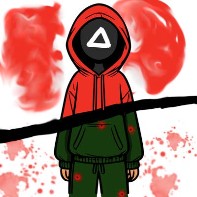 faceless girl in a tracksuit with a hood on and no hair