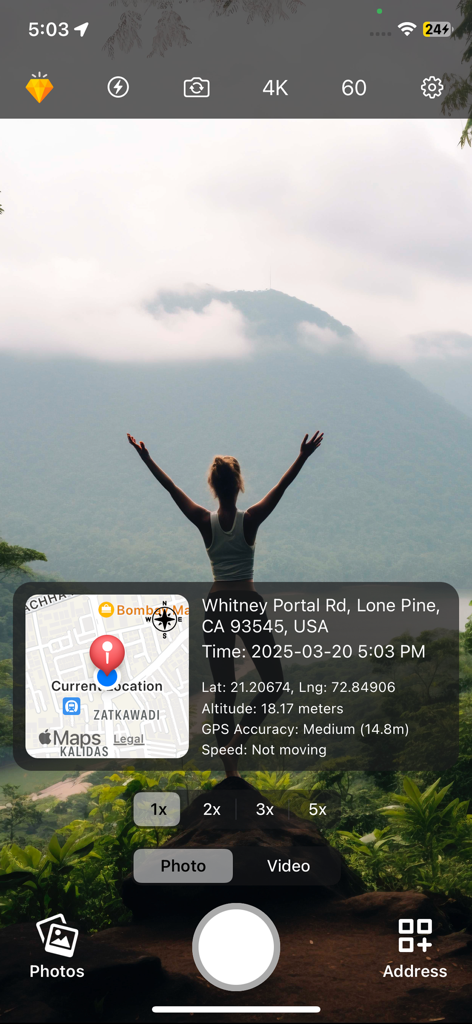 GPS Map Camera & Timestamp Cam - Screenshot of a GPS camera app interface showing a map overlay and location data on a mountain landscape photo