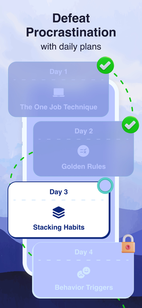 Mindguru Life - Una interfaz de aplicación móvil que muestra un plan de construcción de hábitos de varios días titulado 'Derrota la Procrastinación' con planes diarios.