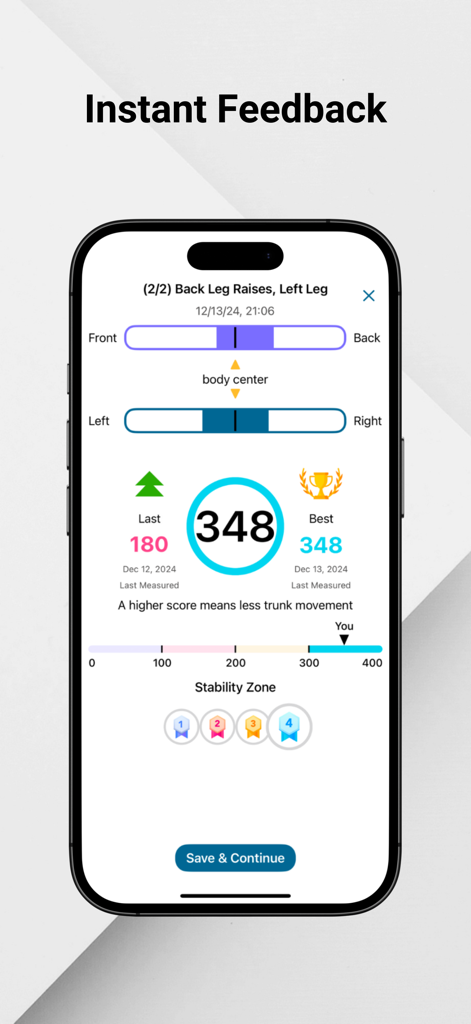 Aspire Connect - Aspire Connect app screen showing stability score and balance feedback after a leg exercise