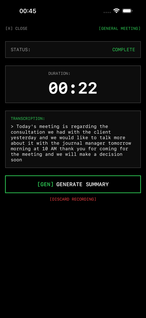Meeting Mind: AI Voice Notes - Meeting Mind app interface showing a completed meeting transcription and a button to generate an AI summary