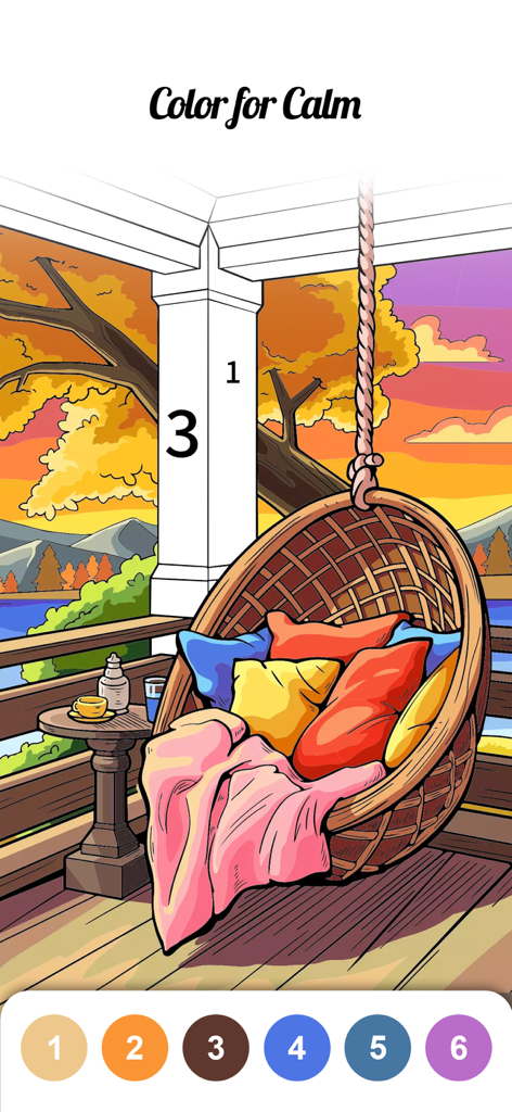 Calm Color-Color By Number - Digital color by number interface showing a relaxing porch with a hanging chair and autumn sunset landscape