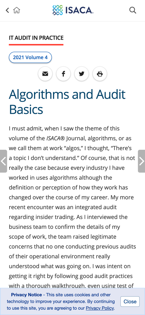 ISACA Journal - Vista móvil de un artículo titulado Algoritmos y Fundamentos de Auditoría en la aplicación ISACA Journal.