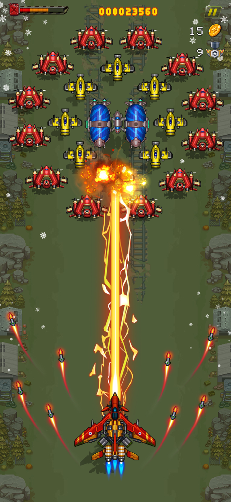 1945 Air Force: Airplane Games - Um caça vermelho disparando um grande raio laser amarelo e mísseis contra aeronaves inimigas em um jogo de tiro arcade retrô.