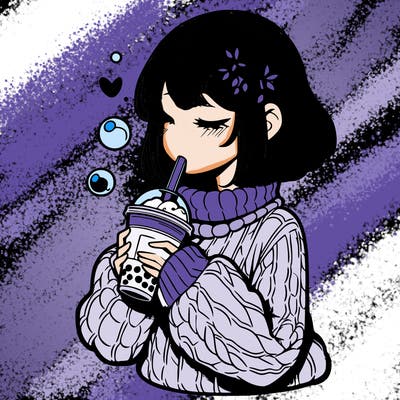 manga girl drinking boba in cozy sweater
