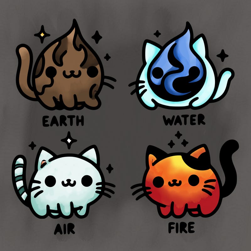 4 cats that represent the different elements, earth, water, air, and fire