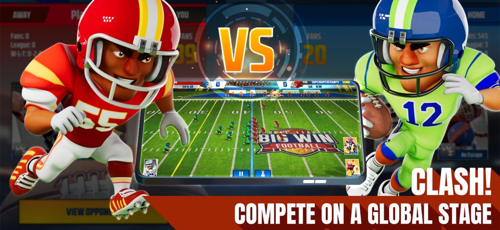 Big Win Football 2026 - Dos jugadores de fútbol estilizados enfrentándose con una pantalla de móvil mostrando un partido de fútbol