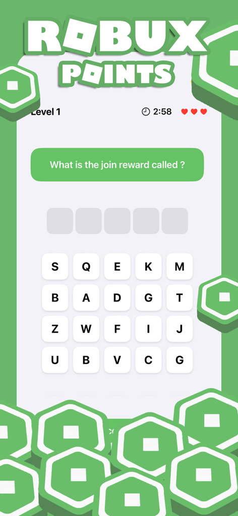 Robux Points | for Roblox - A word trivia level in the Robux Points app featuring a Roblox-themed question and a letter grid to find the answer.