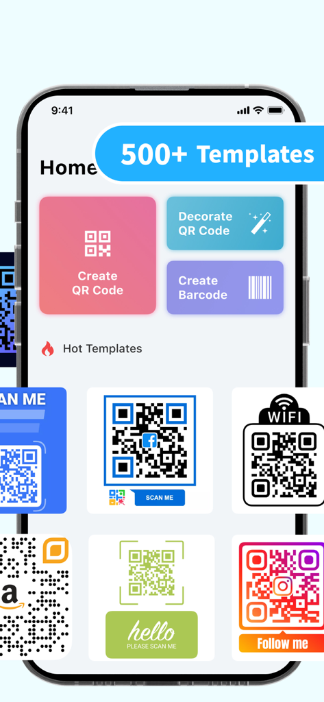 Startbildschirm der QR-Code-Generator-App mit verschiedenen benutzerdefinierten QR-Code-Vorlagen und Erstellungswerkzeugen