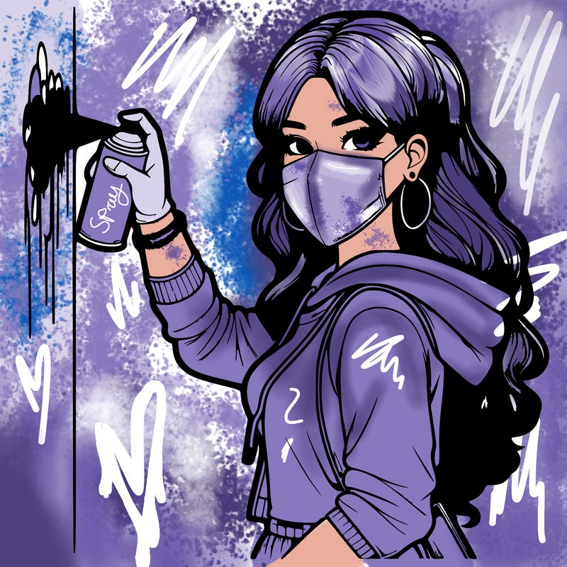 realistic girl with mask spray painting a wall