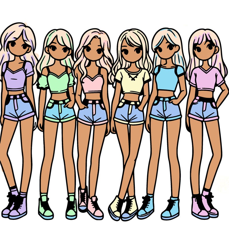 a group of girls wearing crop tops and shorts