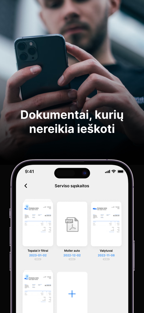 carOne mobile app interface showing a digital storage for car service invoices and maintenance records