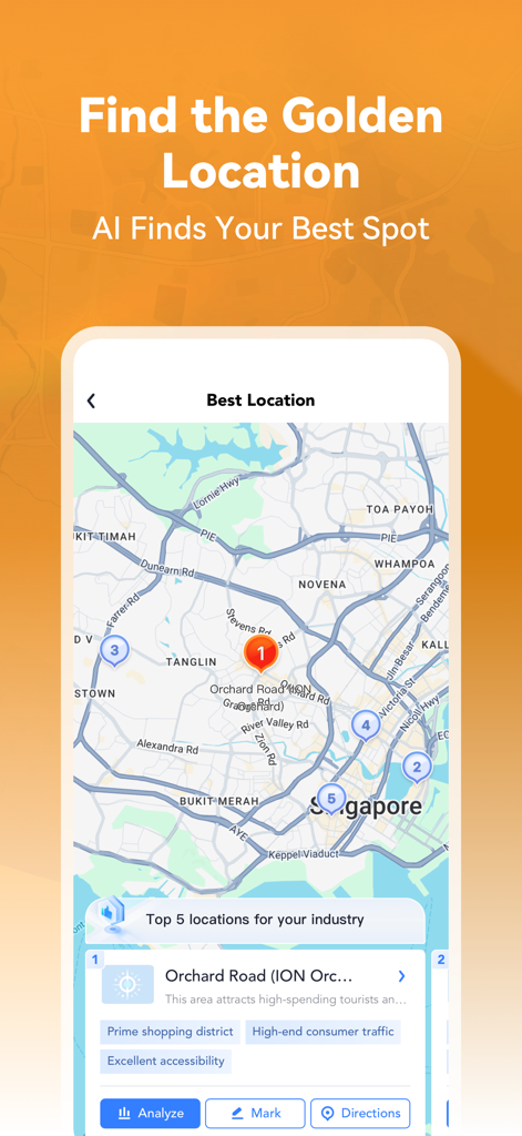 ShopSager app showing a map with AI recommended top business locations and detailed site insights