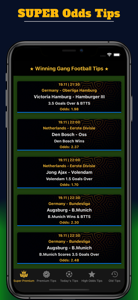 Mobile screen of the Winning Gang app showing premium football betting tips and high odds predictions