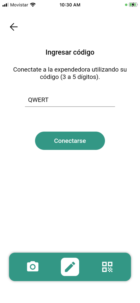 Vending Control - Interface for manually entering a vending machine code to connect the app for cashless payment.