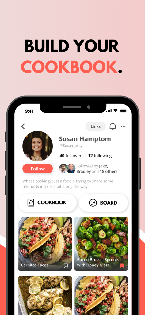 Schermata del profilo dell'app Pepper che mostra un ricettario digitale personale con foto di Carnitas Tacos e Cavolini di Bruxelles con pancetta