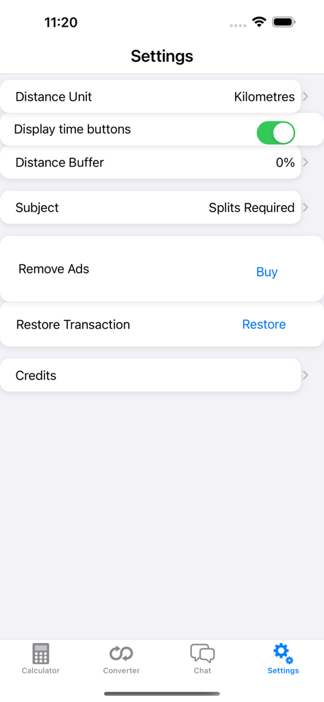 Pace Calculator - Settings interface of the Pace Calculator app showing distance unit and display options
