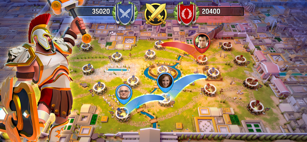 Top view of a Roman city map with strategic clan war movements and player avatars in Gladiator Heroes