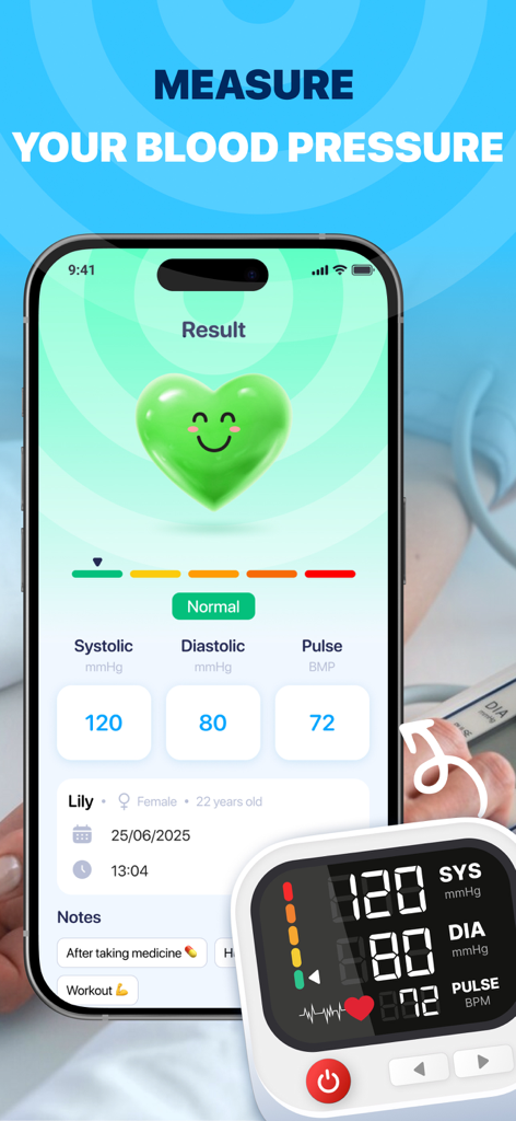 BP Tracker: Pressure Log - Una pantalla de smartphone mostrando una lectura de presión arterial normal de 120 sobre 80 en la aplicación BP Tracker.