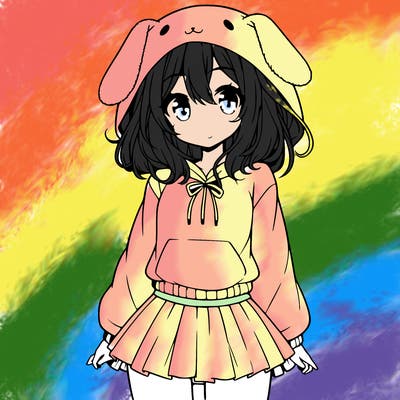pretty anime girl wearing a fluffy hoodie with bunny ears on the hood and a skirt