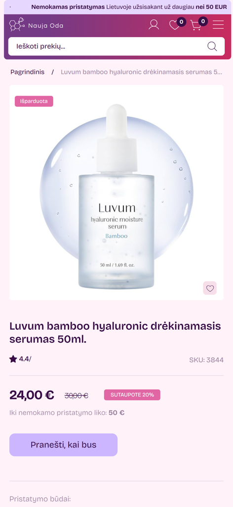 NaujaOda.lt - Mobile app product page for Luvum bamboo hyaluronic moisture serum on NaujaOda