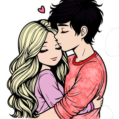 a realistic couple boy and girl hugging and kissing
