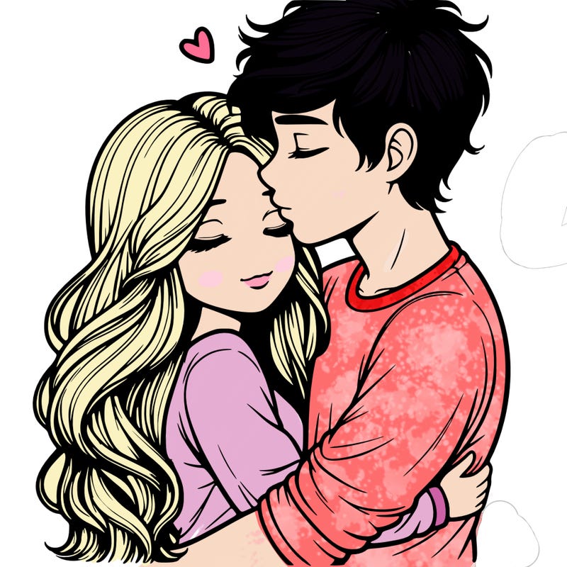 a realistic couple boy and girl hugging and kissing