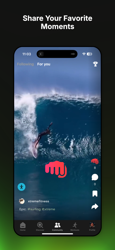A video feed in the Top Challenger app showing a user surfing a large wave with options to share and engage with the community.