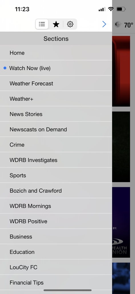 WDRB+ - Side menu screen of the WDRB plus app showing sections for live news weather and local sports
