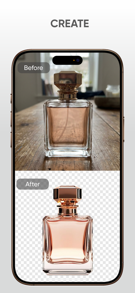 AI Photo Editor: Change Style - 香水瓶の製品写真のAI背景削除を示す、前後比較。
