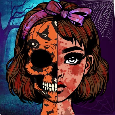 realistic girl with half skull mask